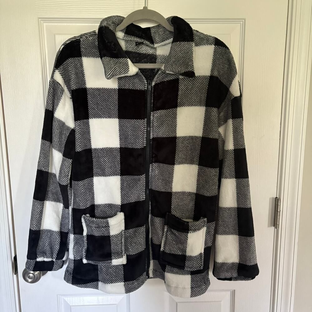 Plaid Full Zip Fleece Jacket Black White Small
